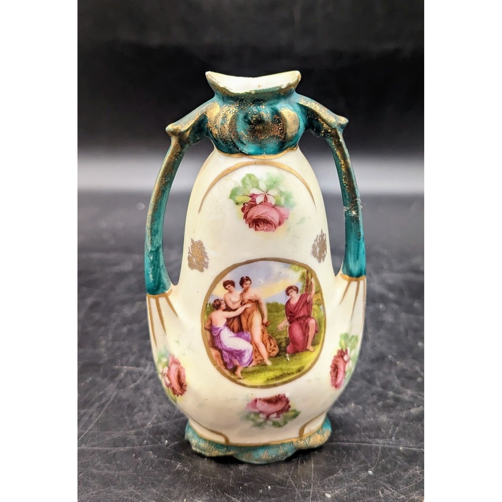 Antique HC Germany Art Nouveau Green Vase Women 5.25"